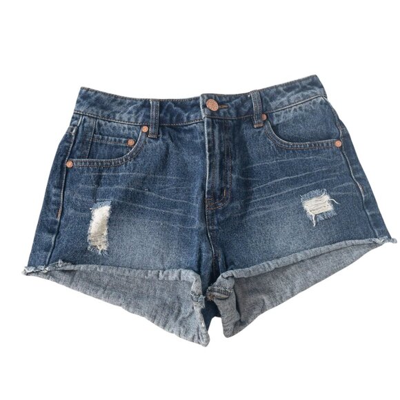 Refuge Short Shorts Distressed Dark Wash Jean Shorts SZ 2 Raw Hem Y2K - Picture 1 of 6